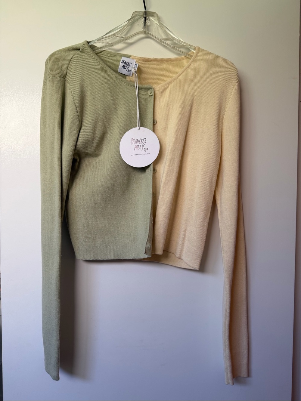 Princess Polly Two-Tone Green and Cream Cropped Button Cardigan